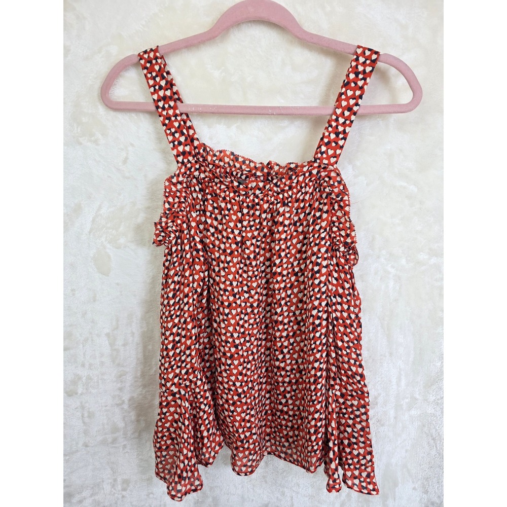J.Crew Red Heart Print 100% Silk Ruffle Cold Shoulder Tank Top Size 4‎